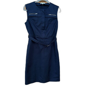 IPEKYOL Sleeveless Sheath Midi Dress Navy Blue Belted Utility Career Size 8